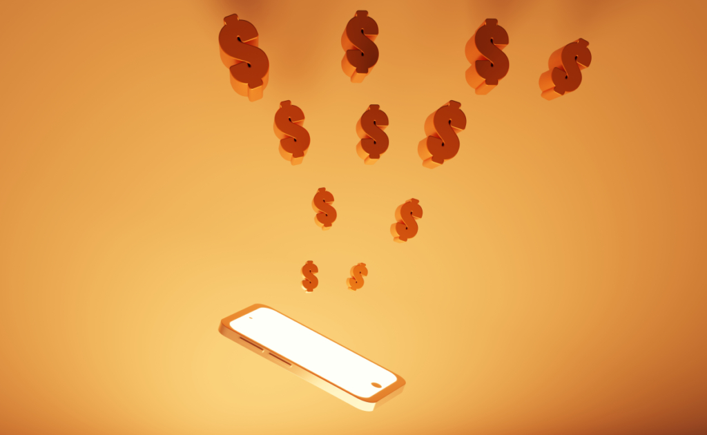 Golden Smartphone with red $ signs popping out of the screen