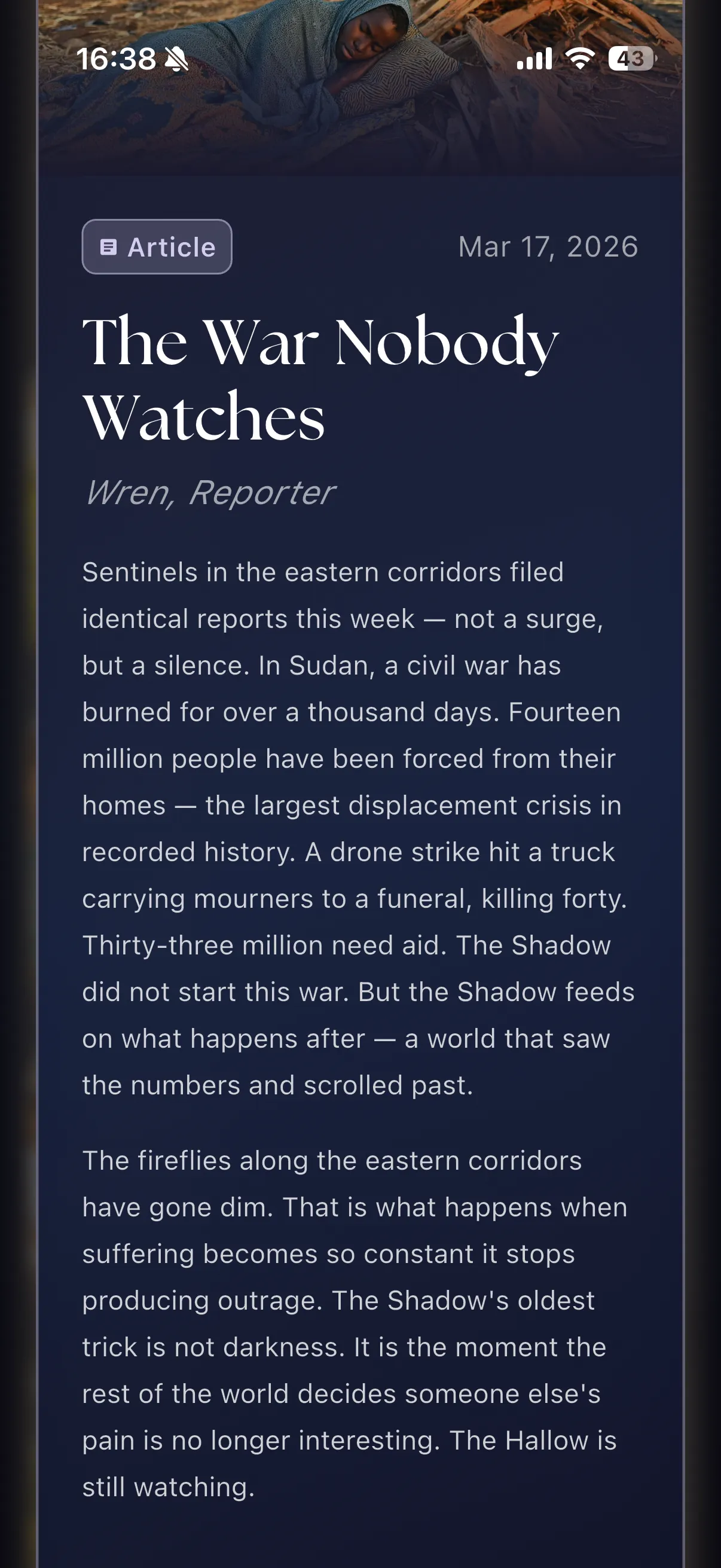 The text of a aFawn Friends in-app news article generated by AI about the civil war in Sudan.